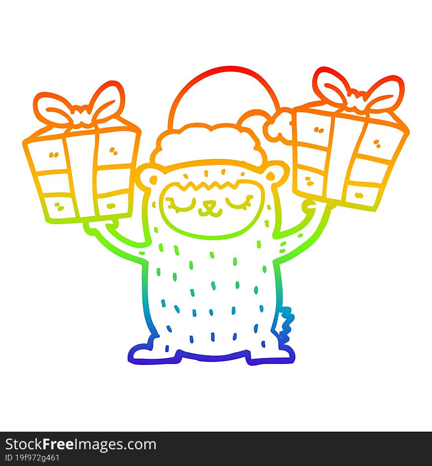 Rainbow Gradient Line Drawing Cartoon Christmas Bear