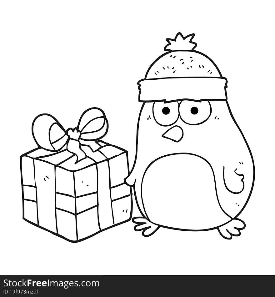 black and white cartoon christmas robin