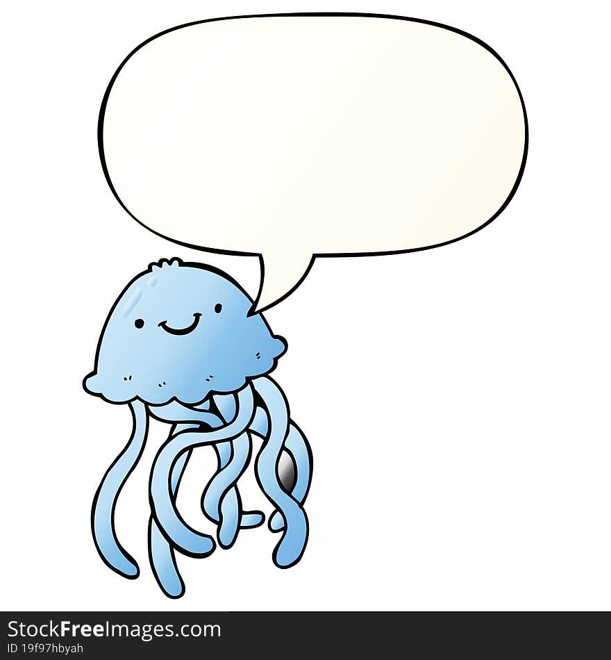 cartoon happy jellyfish and speech bubble in smooth gradient style