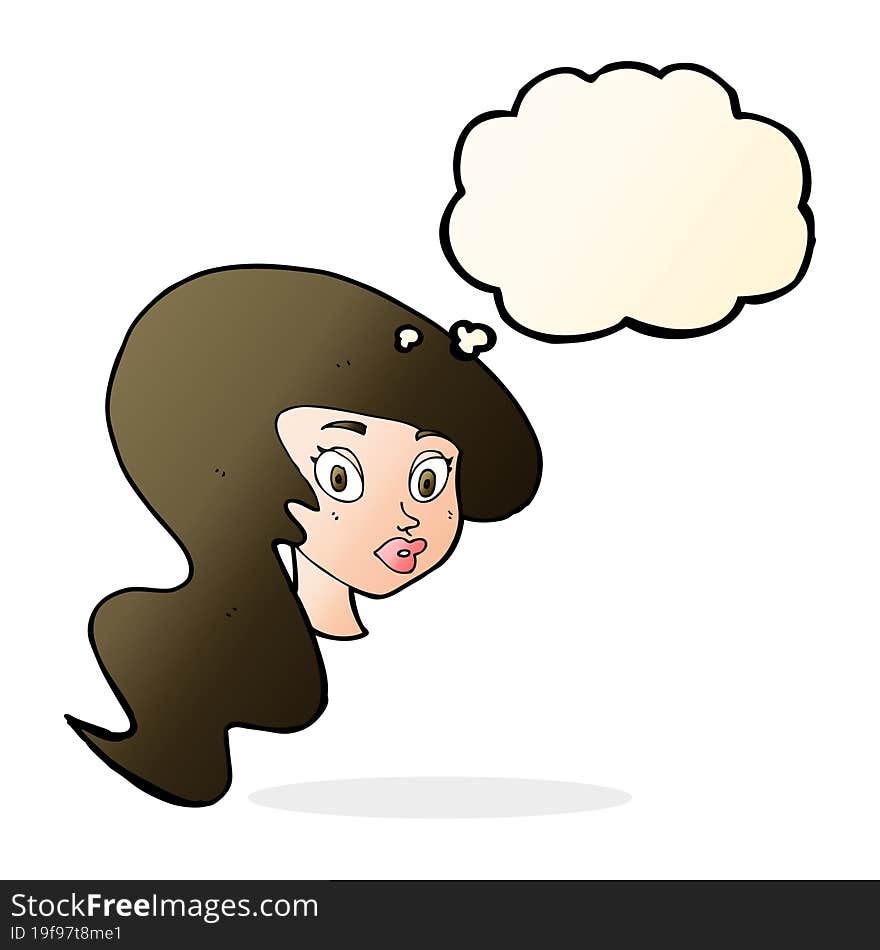 cartoon pretty female face with thought bubble