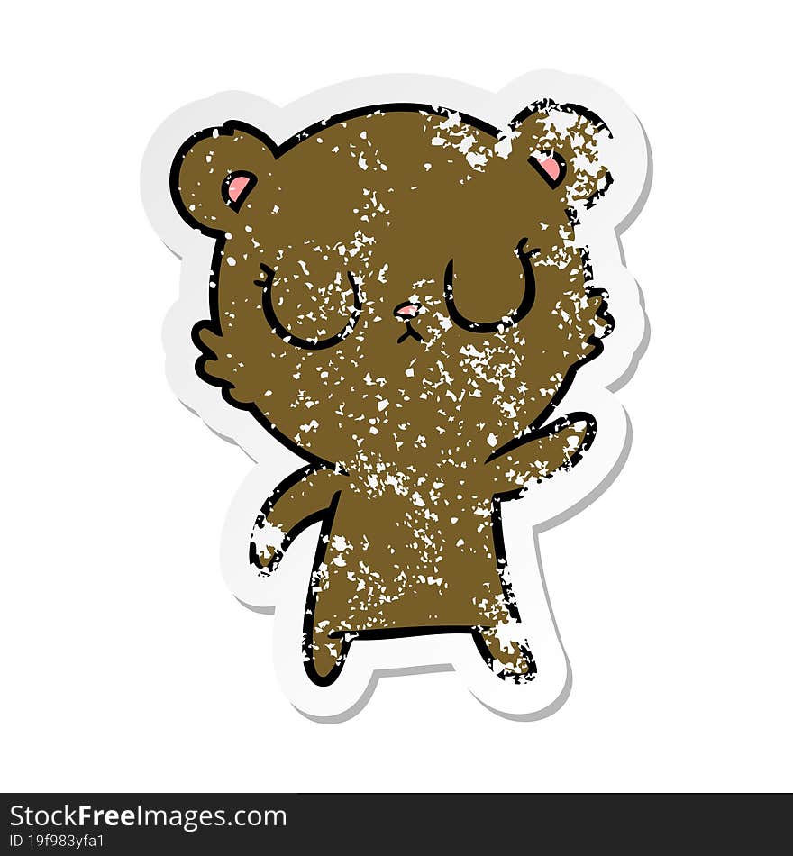 distressed sticker of a peaceful cartoon bear