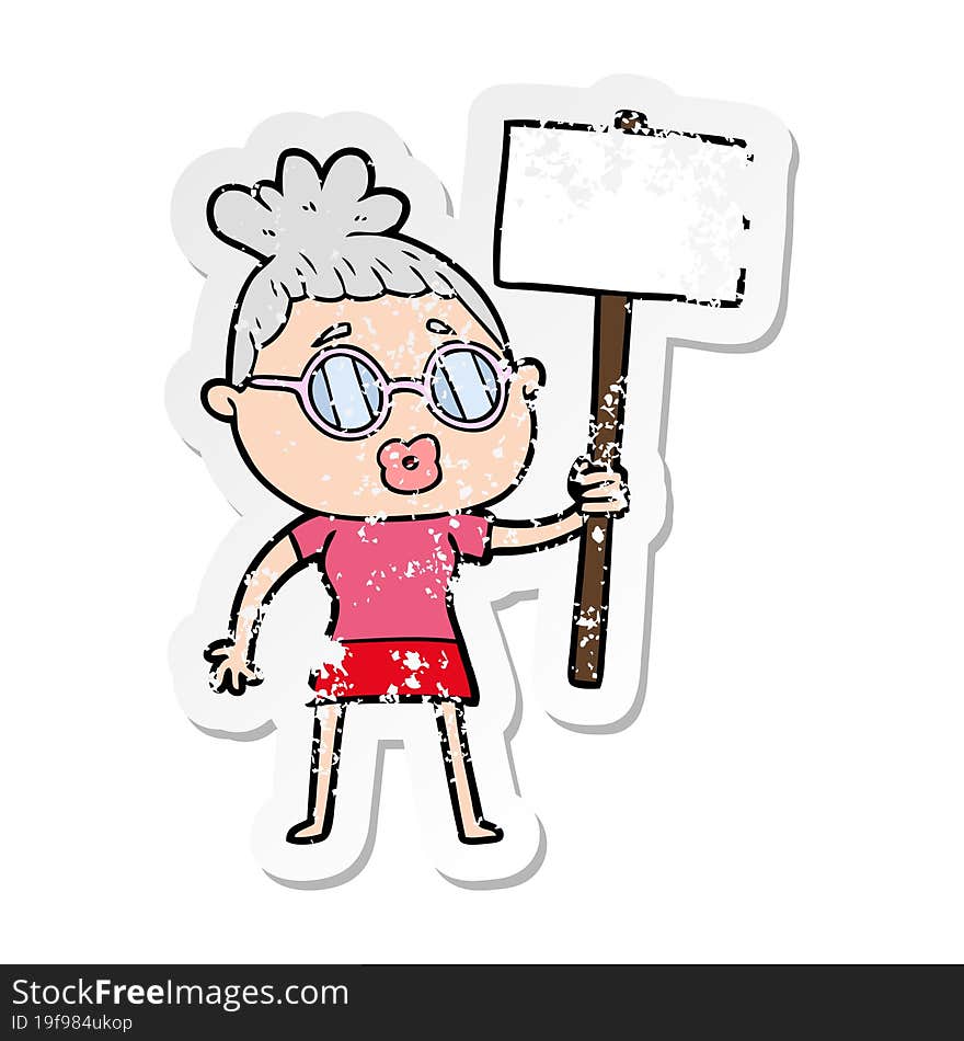 Distressed Sticker Of A Cartoon Protester Woman Wearing Spectacles