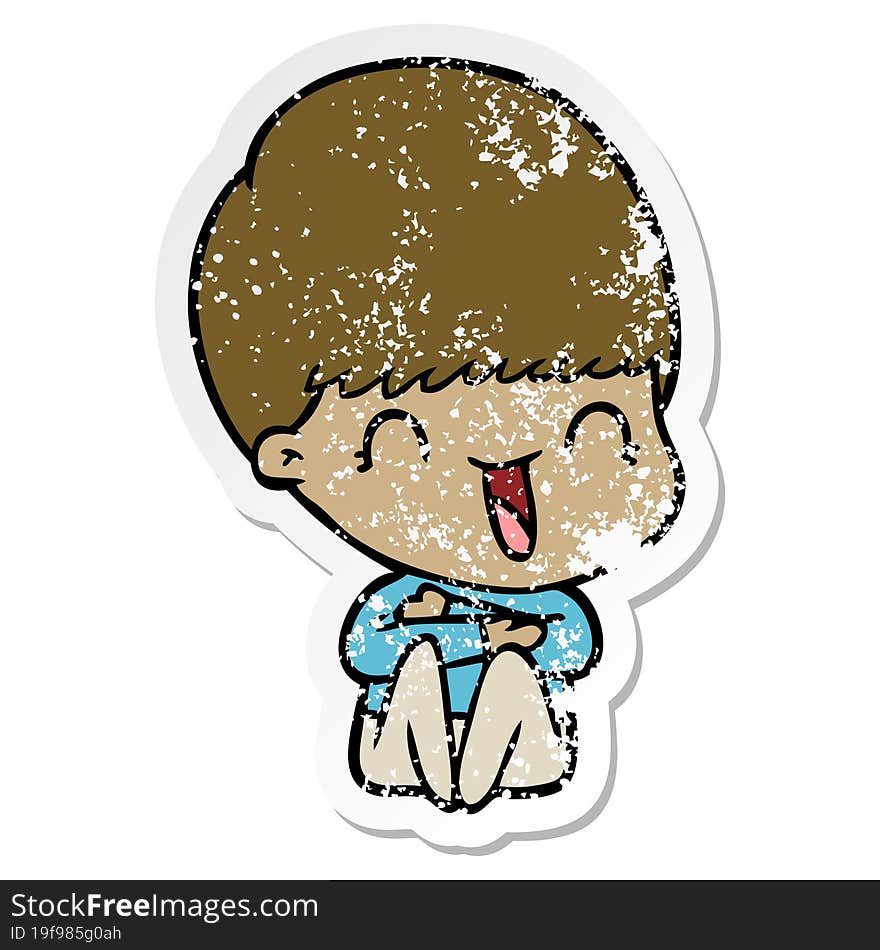 distressed sticker of a happy cartoon boy