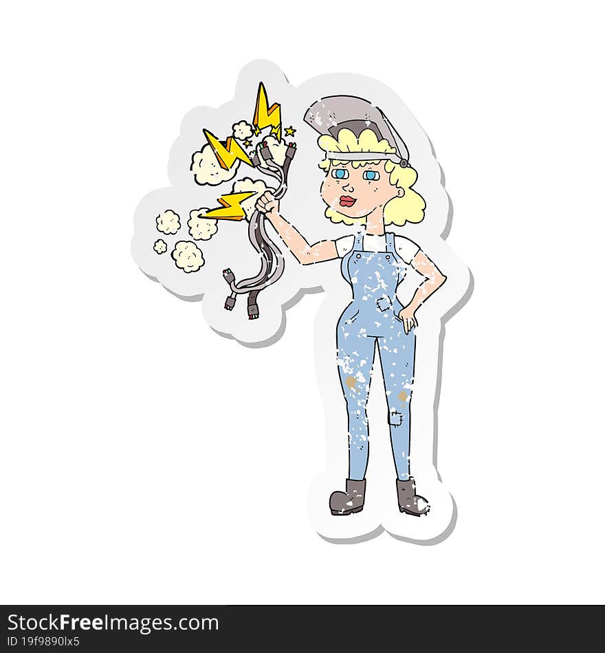 Retro Distressed Sticker Of A Cartoon Electrician Woman