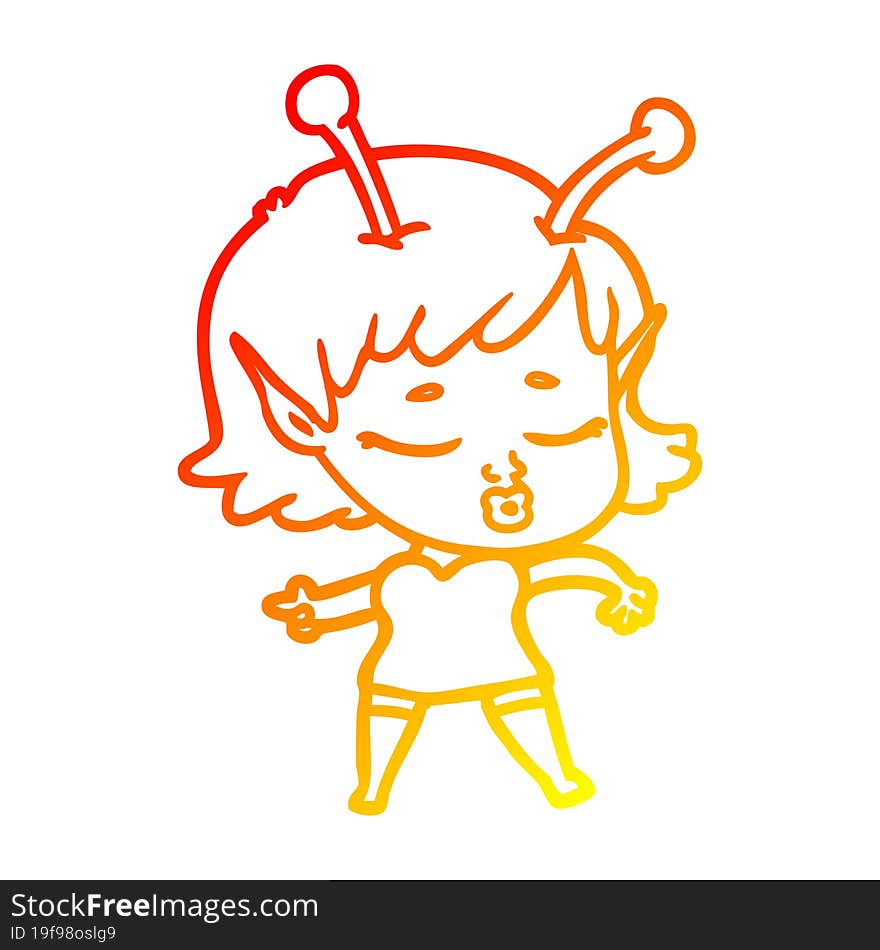 warm gradient line drawing of a cartoon alien girl