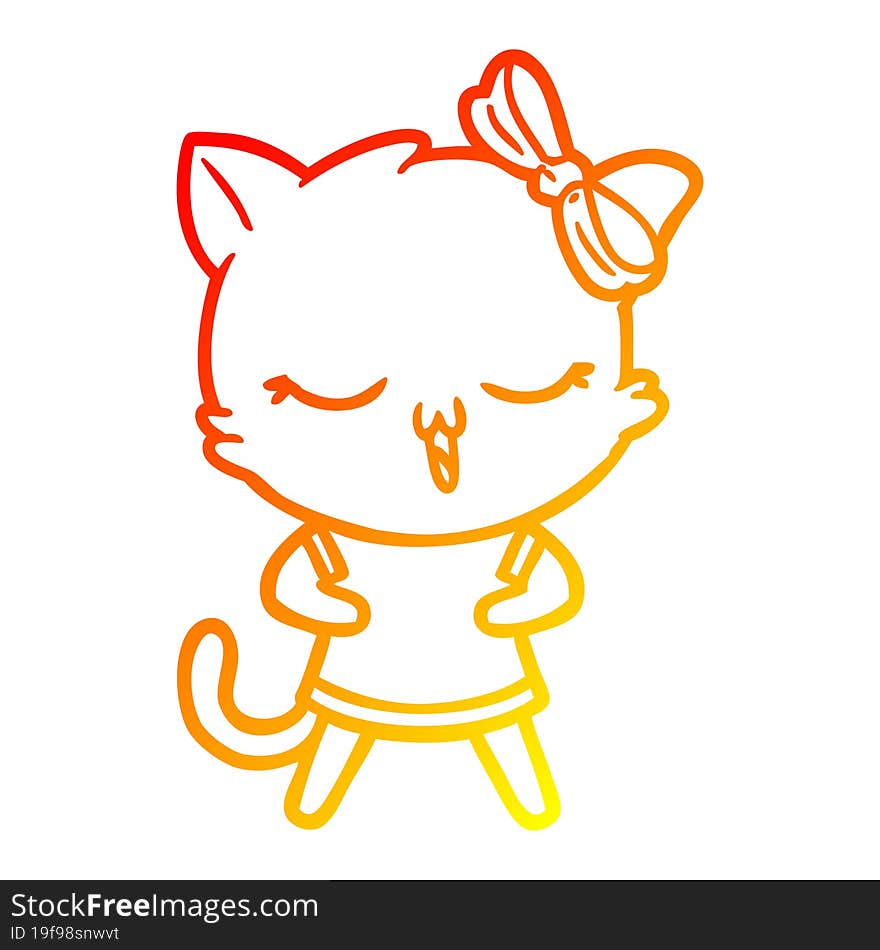 warm gradient line drawing cartoon cat with bow on head