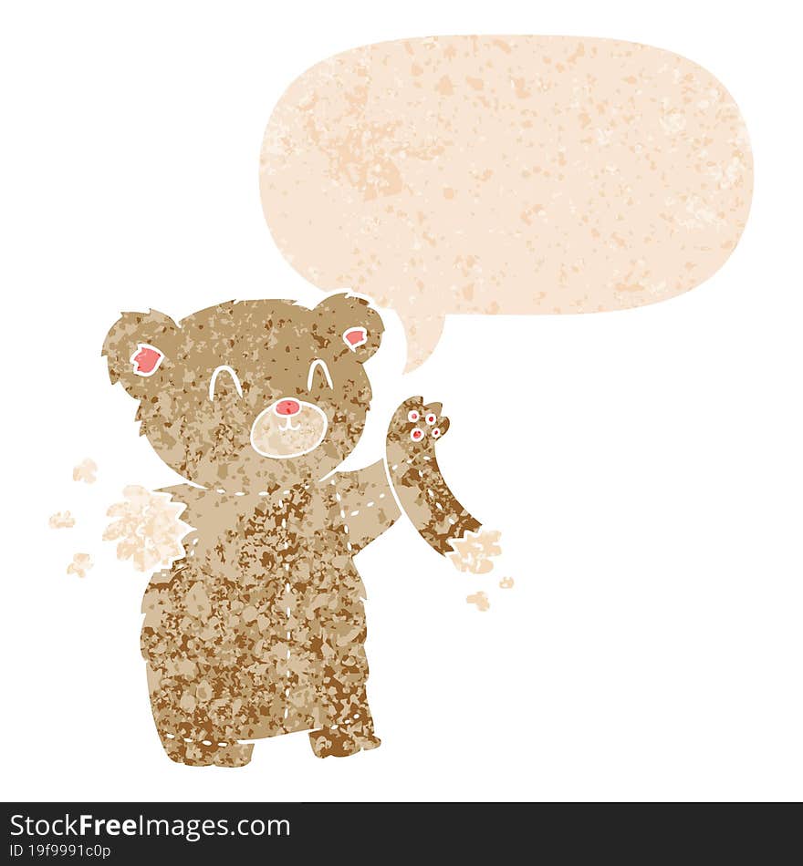 cartoon teddy bear with torn arm and speech bubble in retro textured style