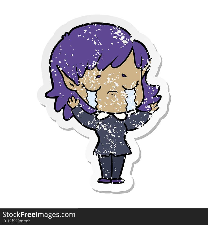 distressed sticker of a cartoon crying elf girl