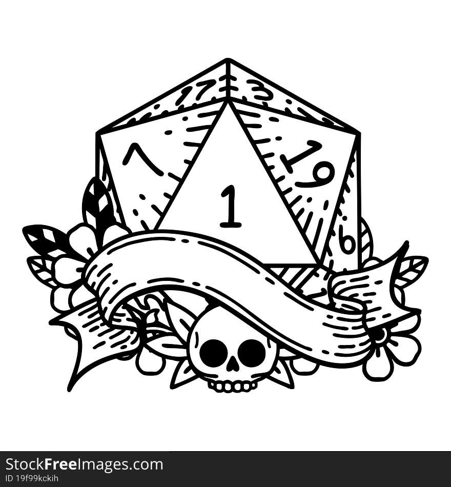 Black and White Tattoo linework Style natural one d20 dice roll. Black and White Tattoo linework Style natural one d20 dice roll