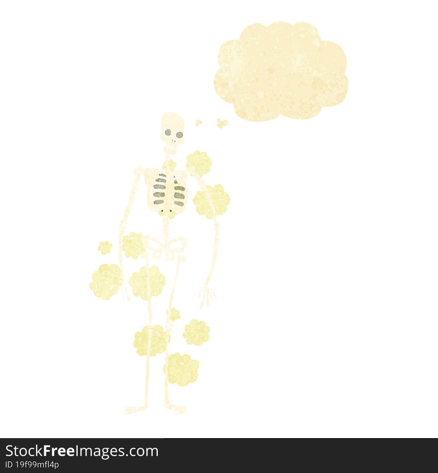 cartoon dusty old skeleton with thought bubble