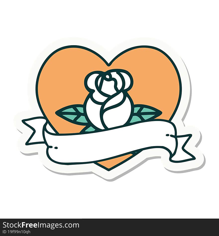 Tattoo Style Sticker Of A Heart Rose And Banner