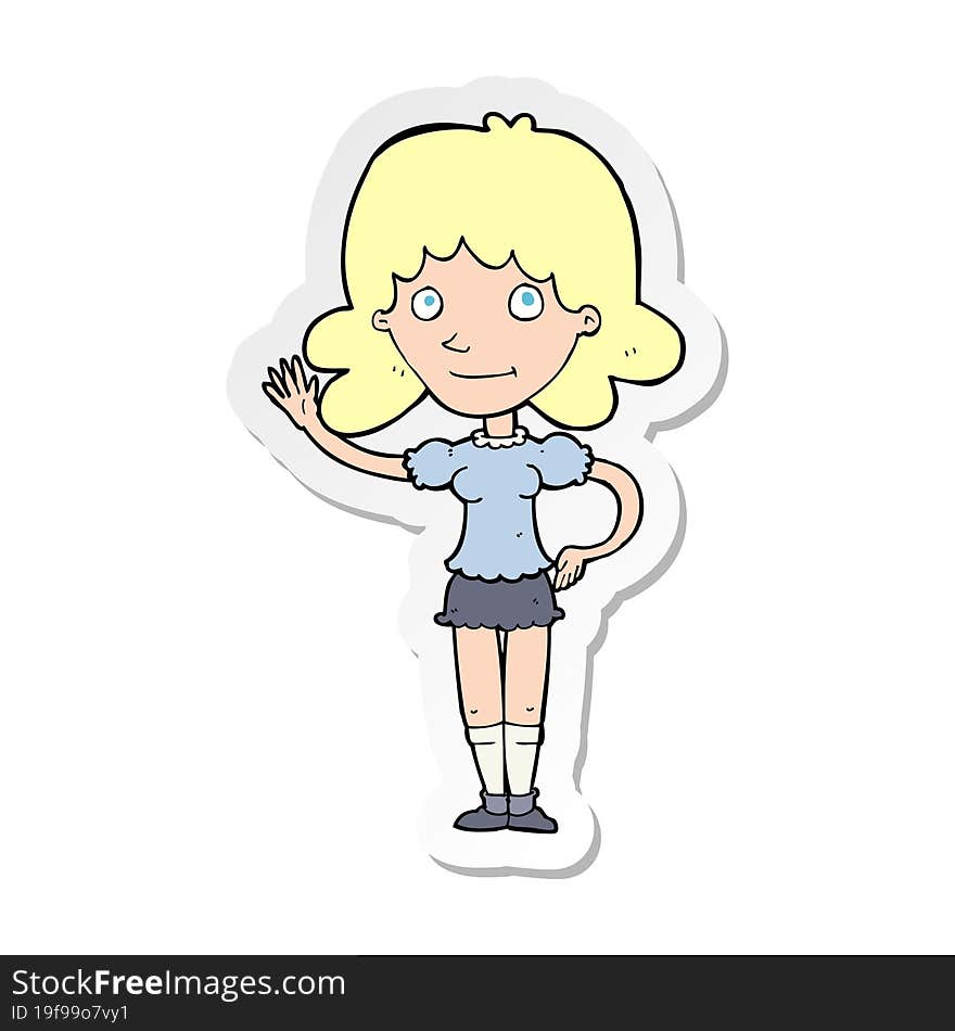 sticker of a cartoon woman waving