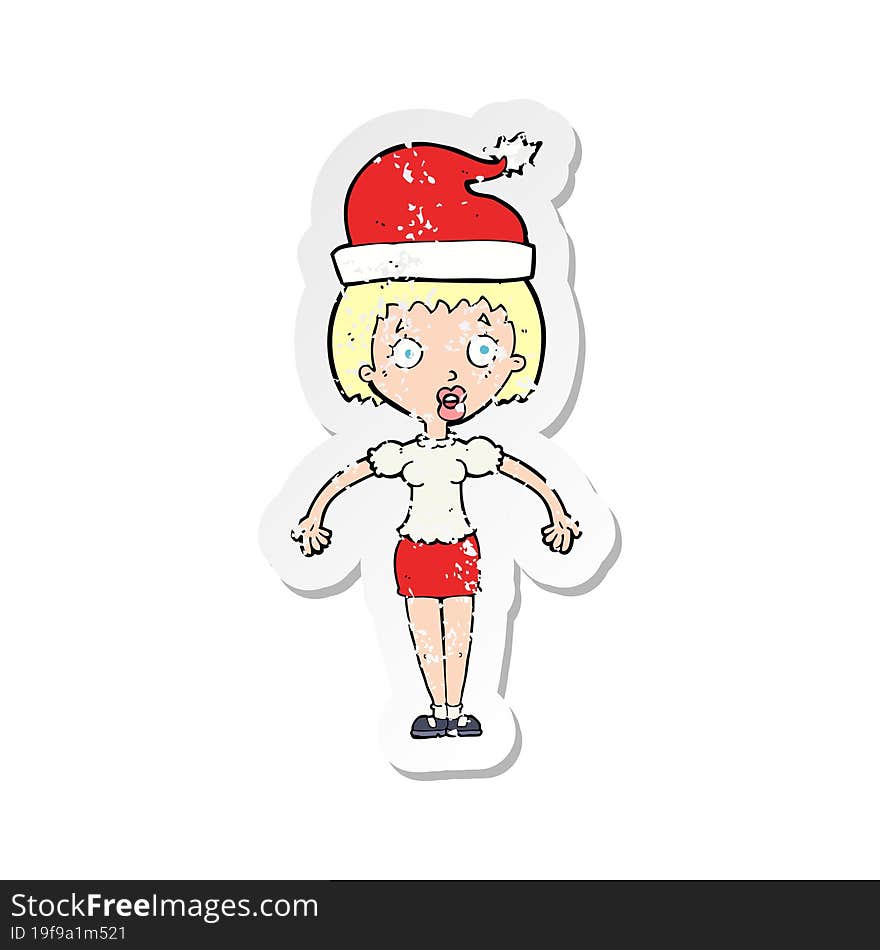 Retro Distressed Sticker Of A Cartoon Woman Wearing Christmas Hat Shrugging Shoulders