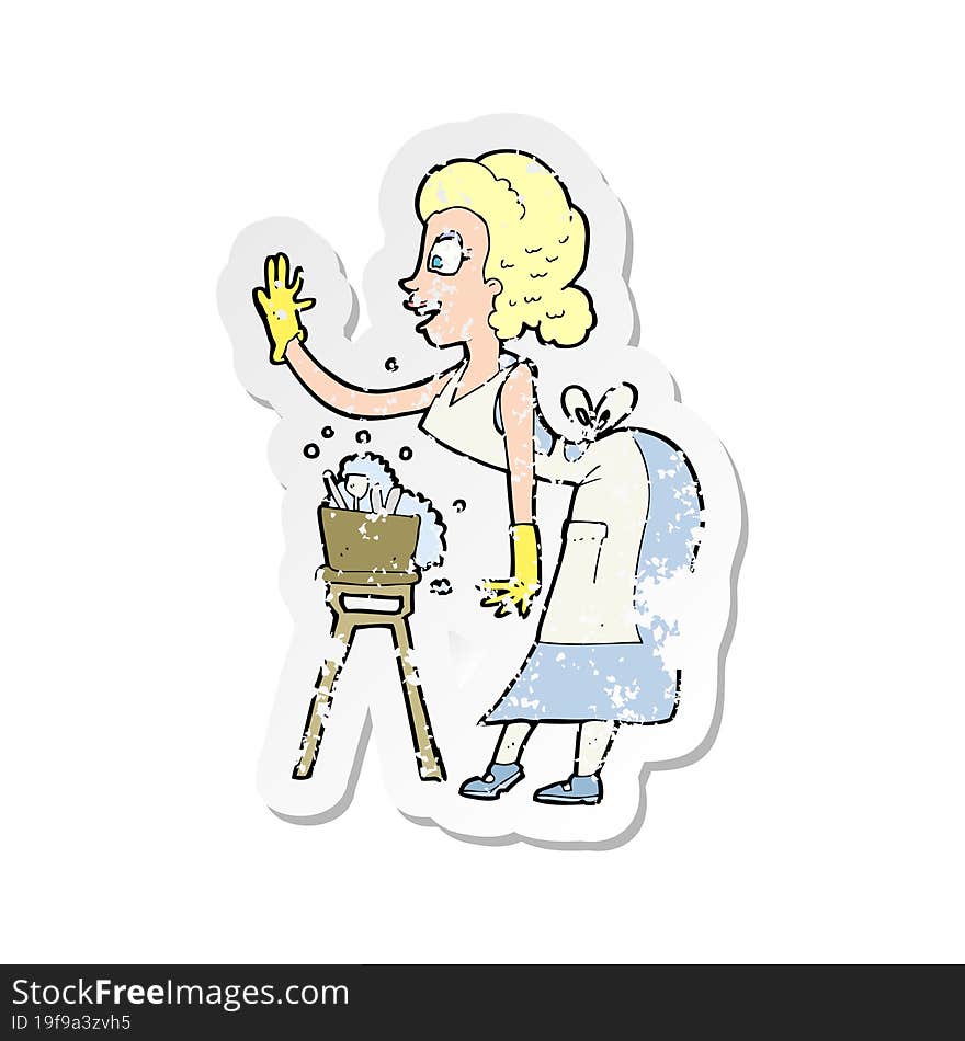 retro distressed sticker of a cartoon housewife washing up