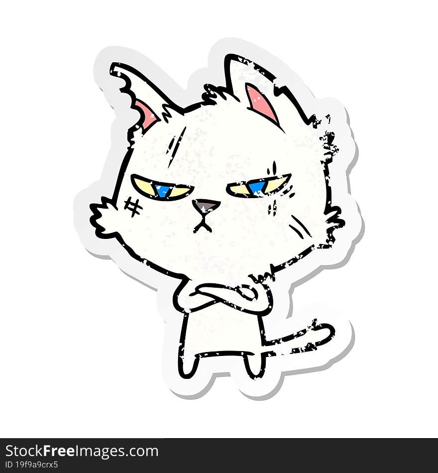 distressed sticker of a tough cartoon cat