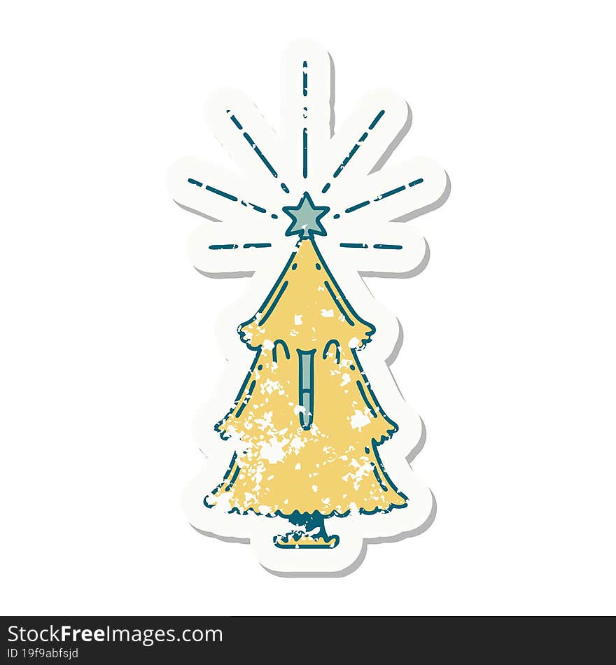 Grunge Sticker Of Tattoo Style Christmas Tree With Star