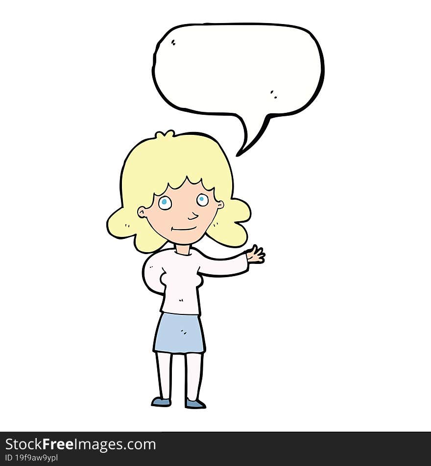 cartoon friendly woman with speech bubble