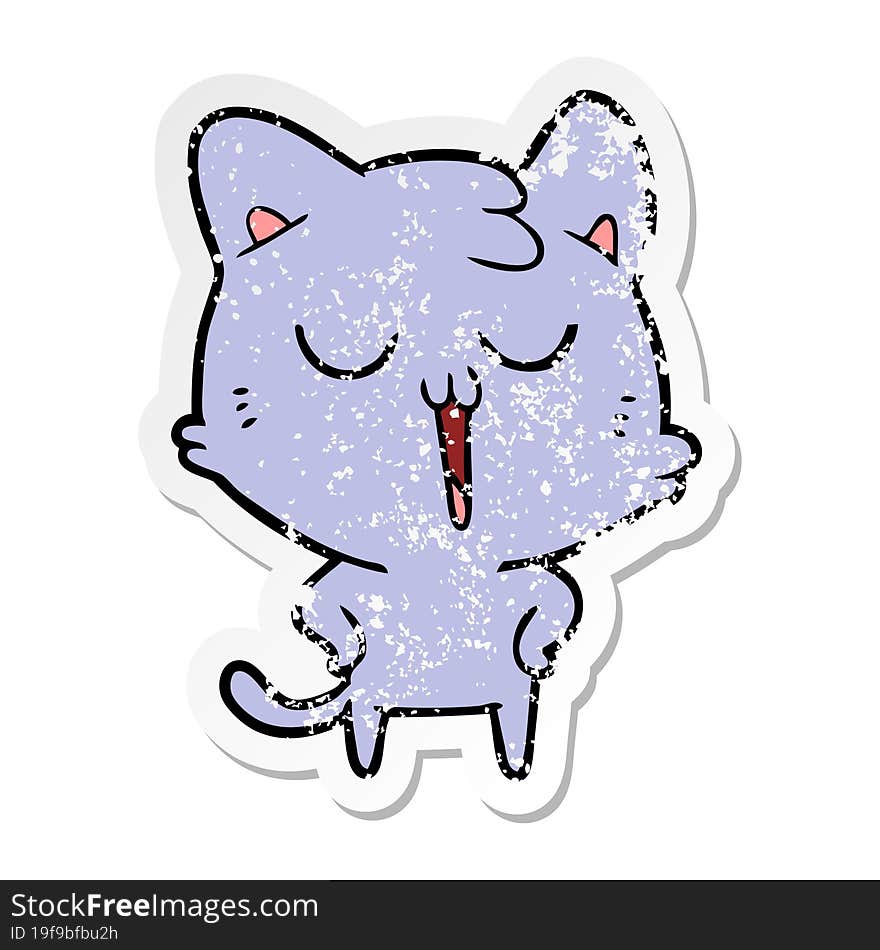 Distressed Sticker Of A Cartoon Cat Singing