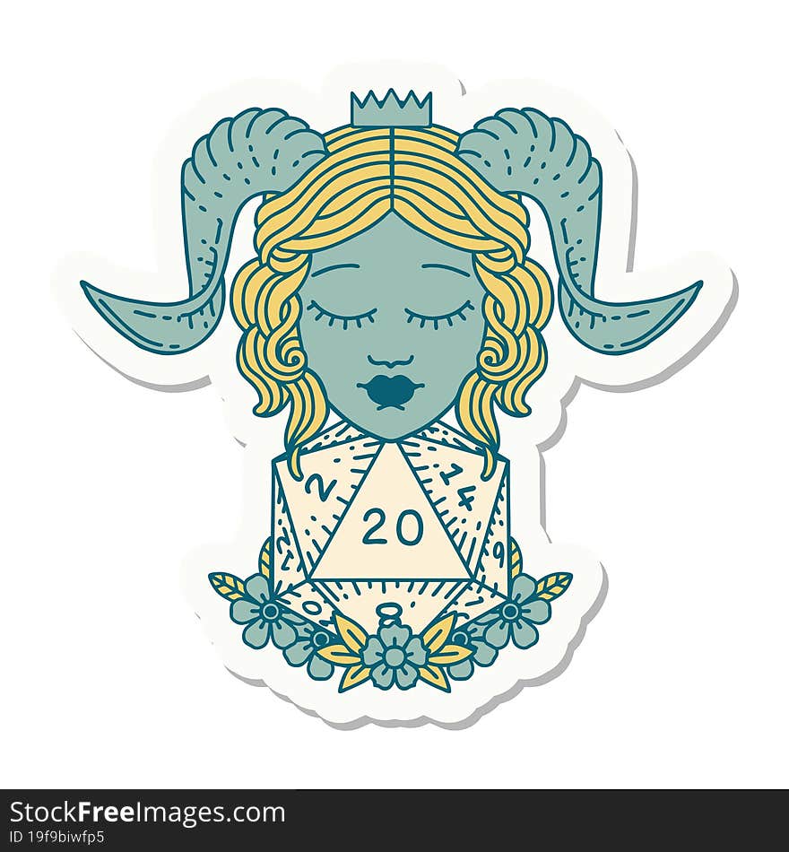 tiefling with natural twenty d20 dice roll sticker