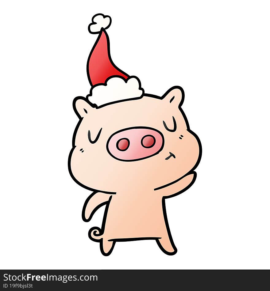 gradient cartoon of a content pig wearing santa hat