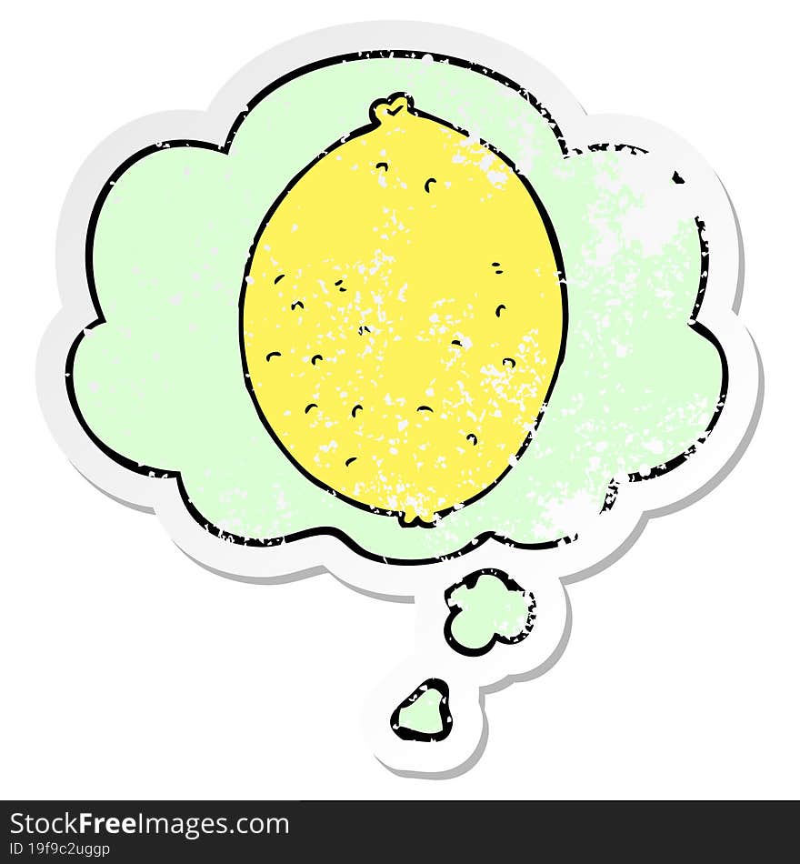 cartoon lemon and thought bubble as a distressed worn sticker