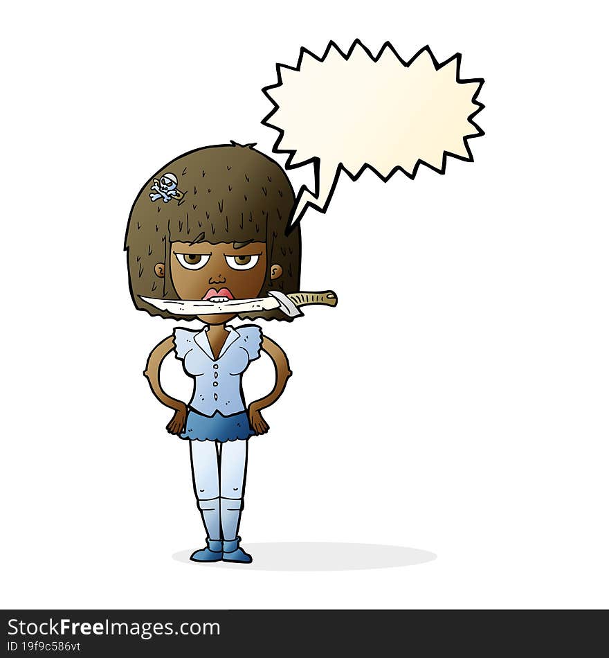 cartoon woman with knife between teeth with speech bubble