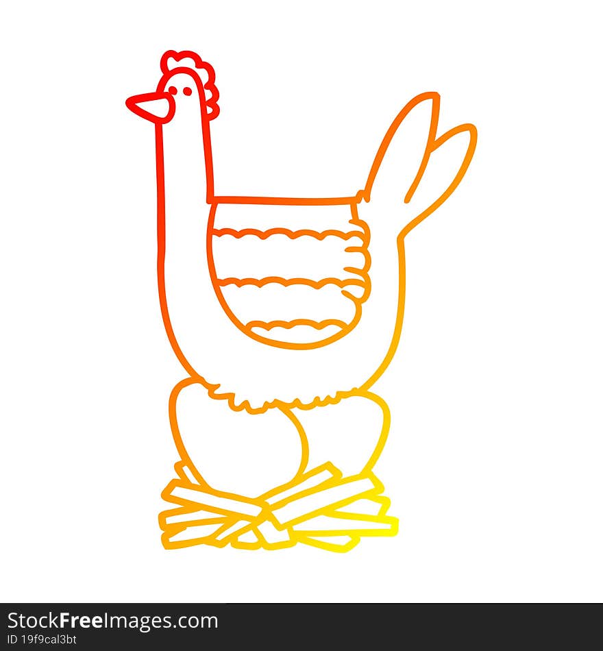 warm gradient line drawing of a cartoon chicken sitting on eggs in nest