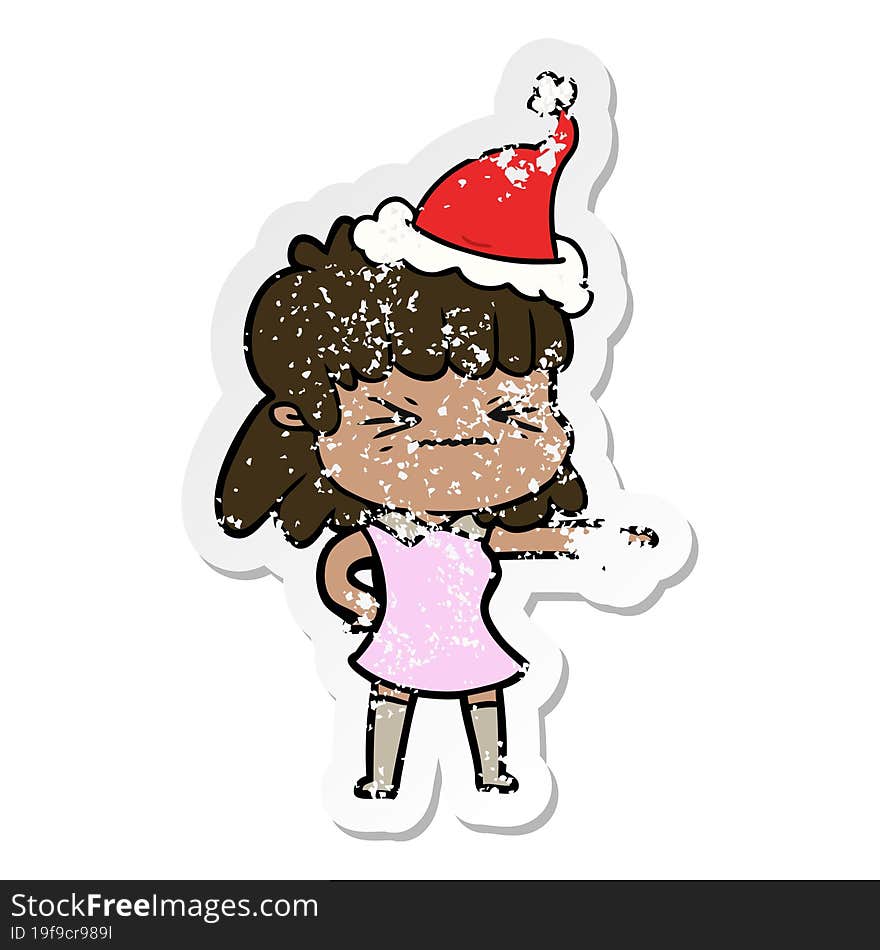 hand drawn distressed sticker cartoon of a woman wearing santa hat