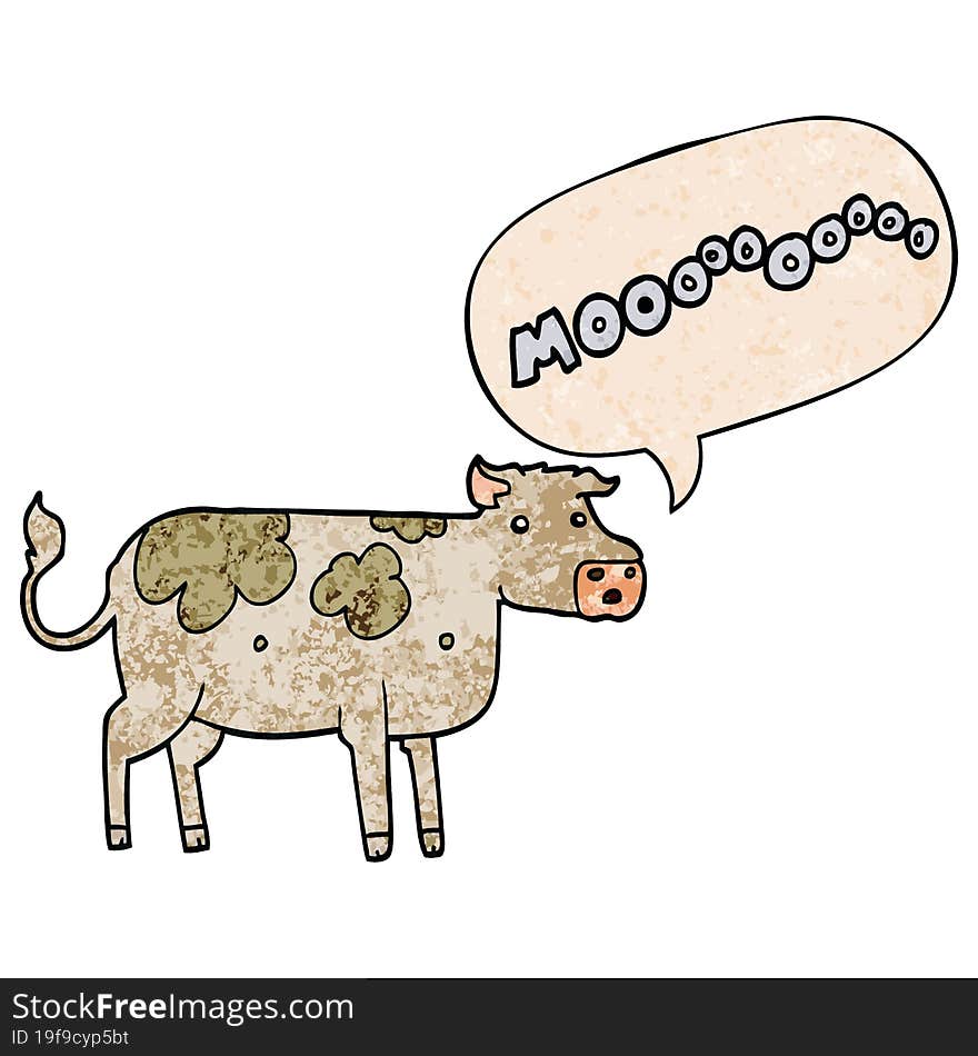 cartoon cow and speech bubble in retro texture style