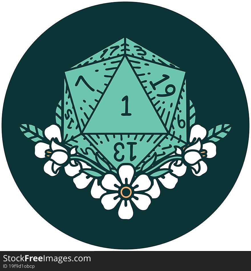 natural one dice roll with floral elements icon