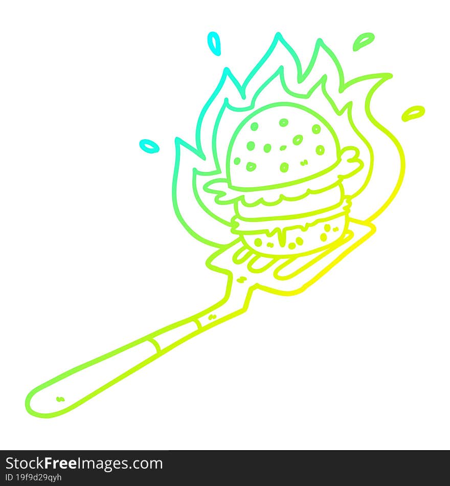 cold gradient line drawing cartoon flaming burger on spatula