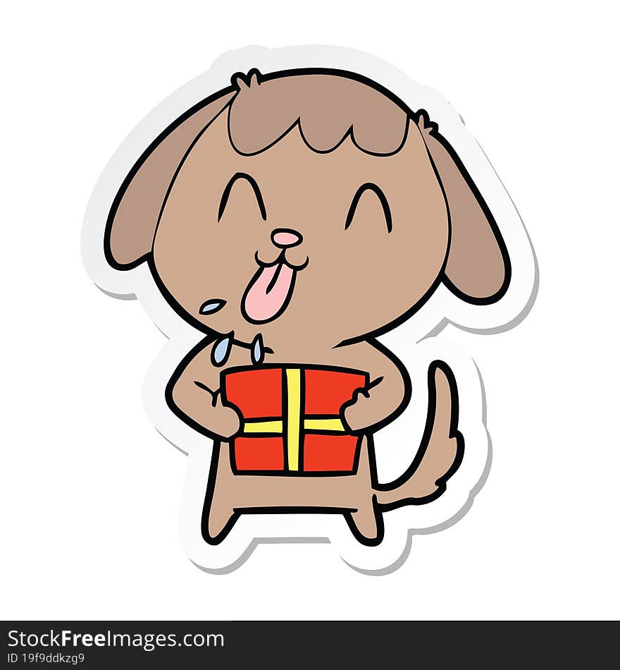 Sticker Of A Cute Cartoon Dog With Christmas Present