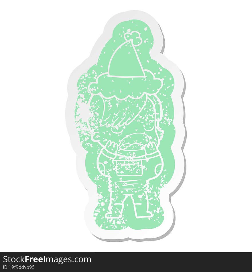 quirky cartoon distressed sticker of a cool hipster girl in space suit wearing santa hat