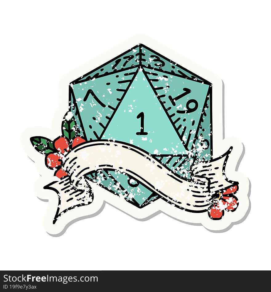 natural one d20 dice roll grunge sticker