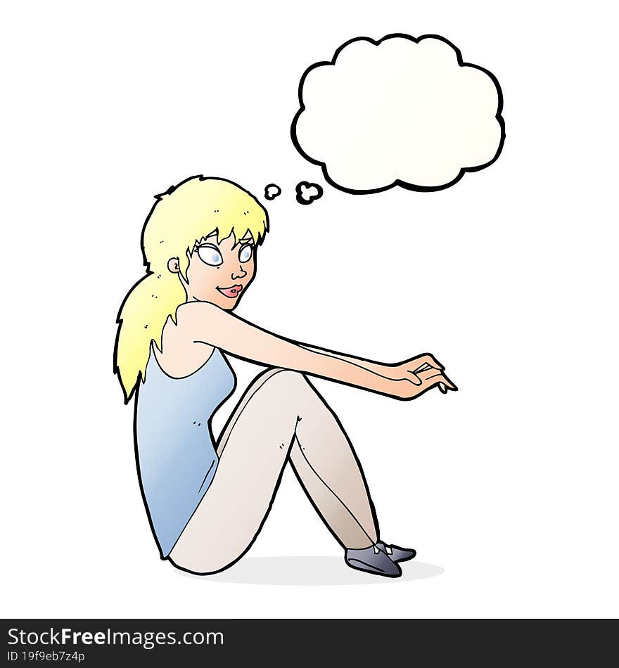 Cartoon Happy Woman Sitting With Thought Bubble