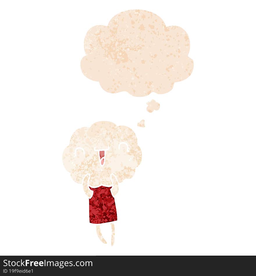 cute cartoon cloud head creature and thought bubble in retro textured style