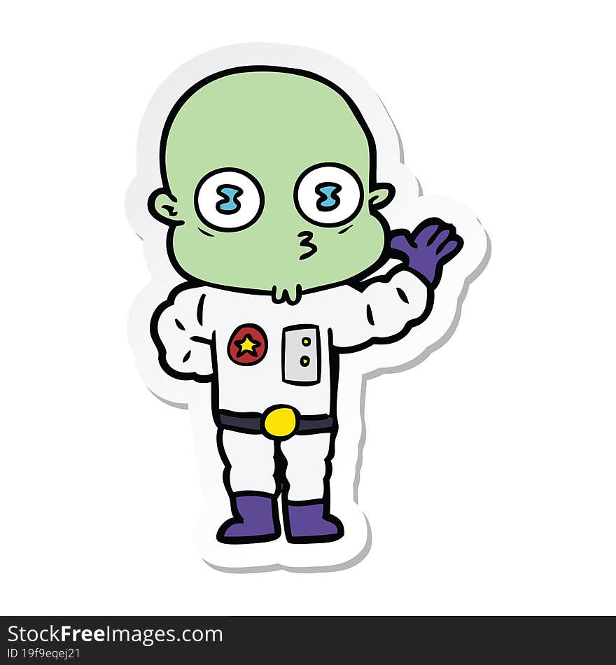 Sticker Of A Waving Weird Bald Spaceman