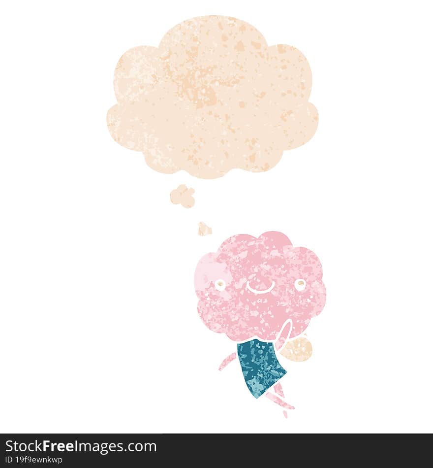 cute cloud head creature and thought bubble in retro textured style