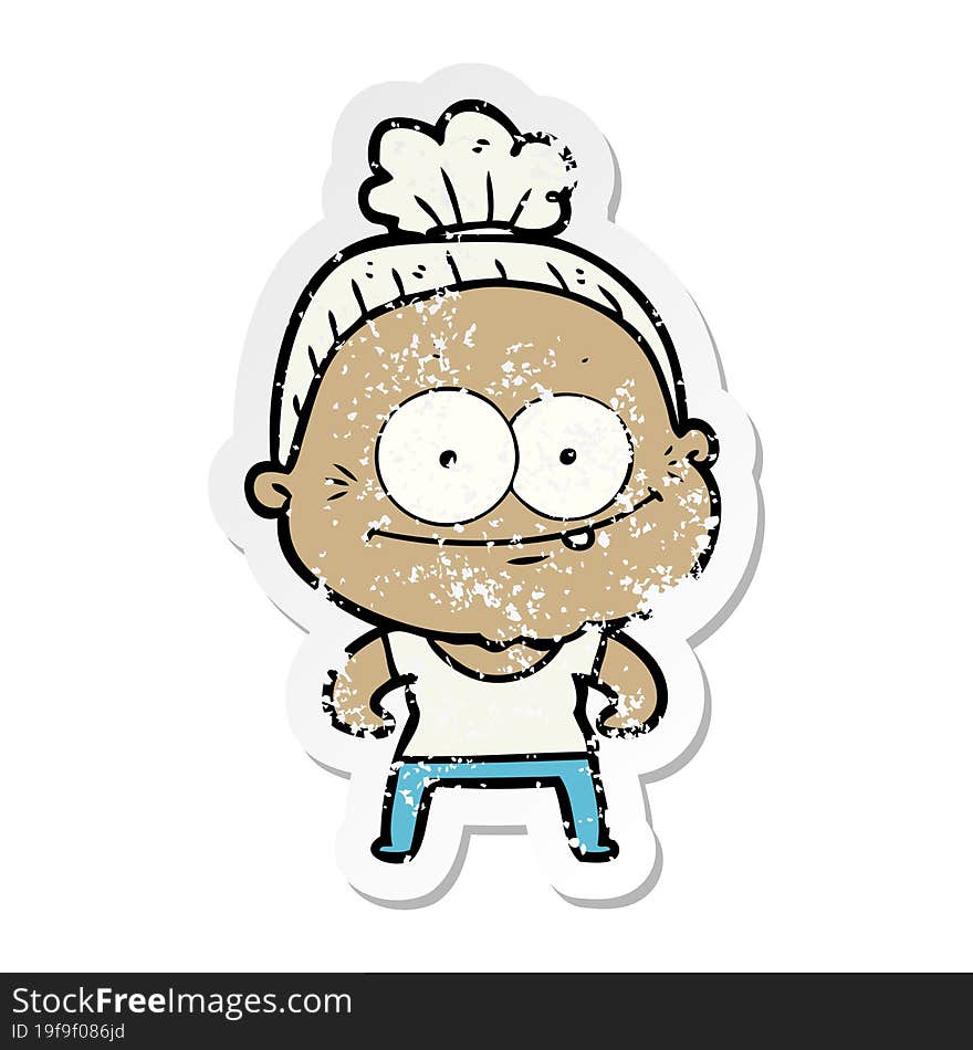 distressed sticker of a cartoon happy old woman