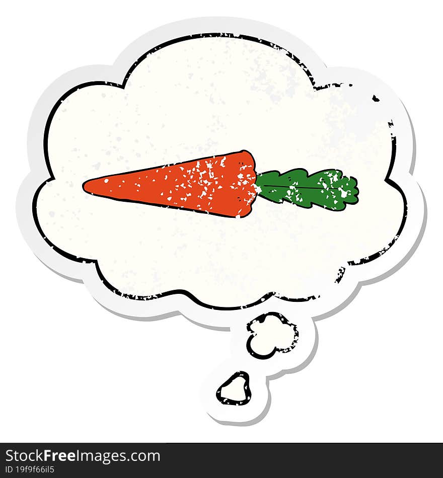 cartoon carrot with thought bubble as a distressed worn sticker