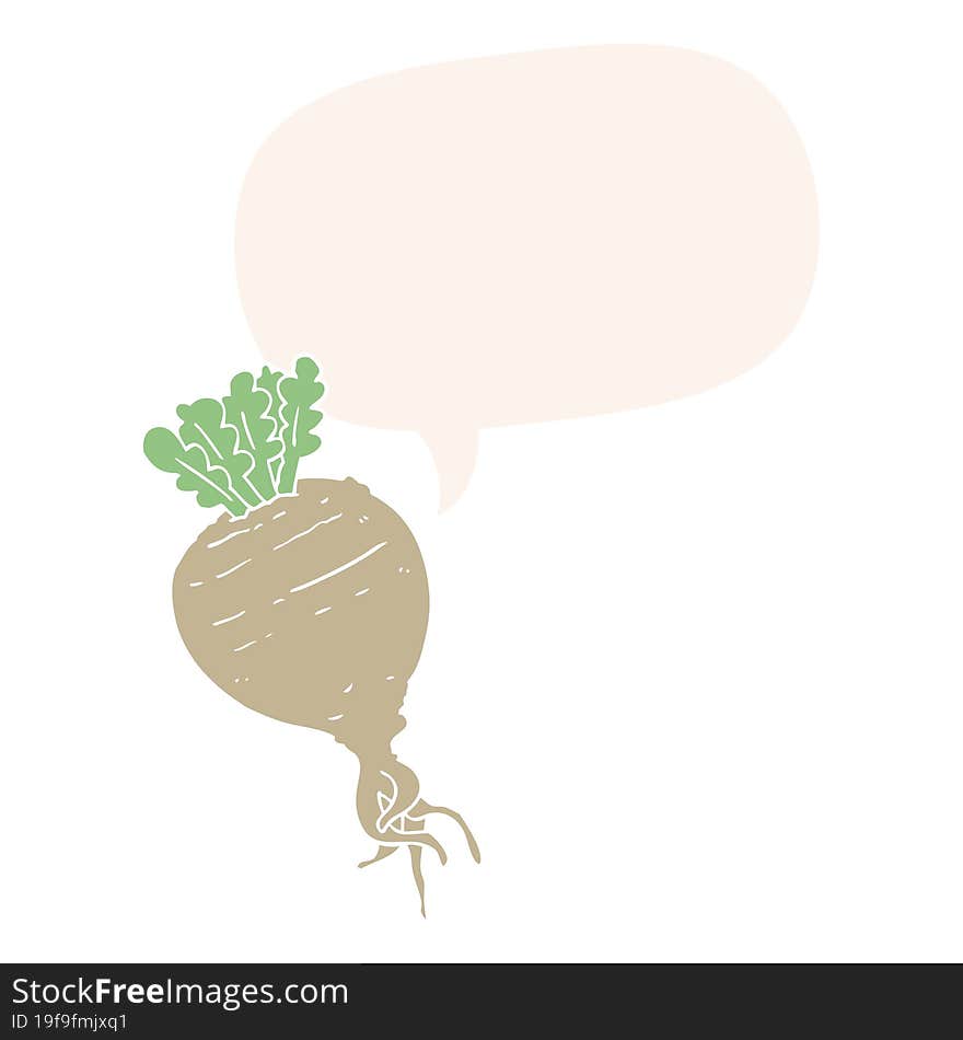 cartoon root vegetable and speech bubble in retro style