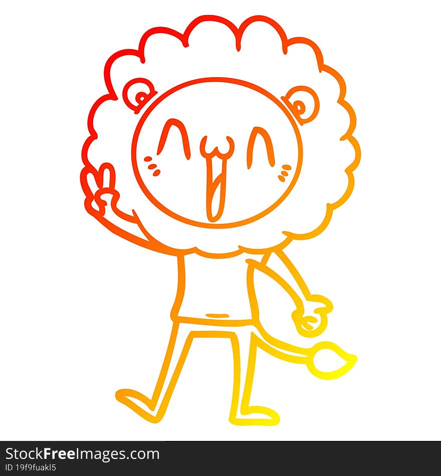 warm gradient line drawing of a happy cartoon lion