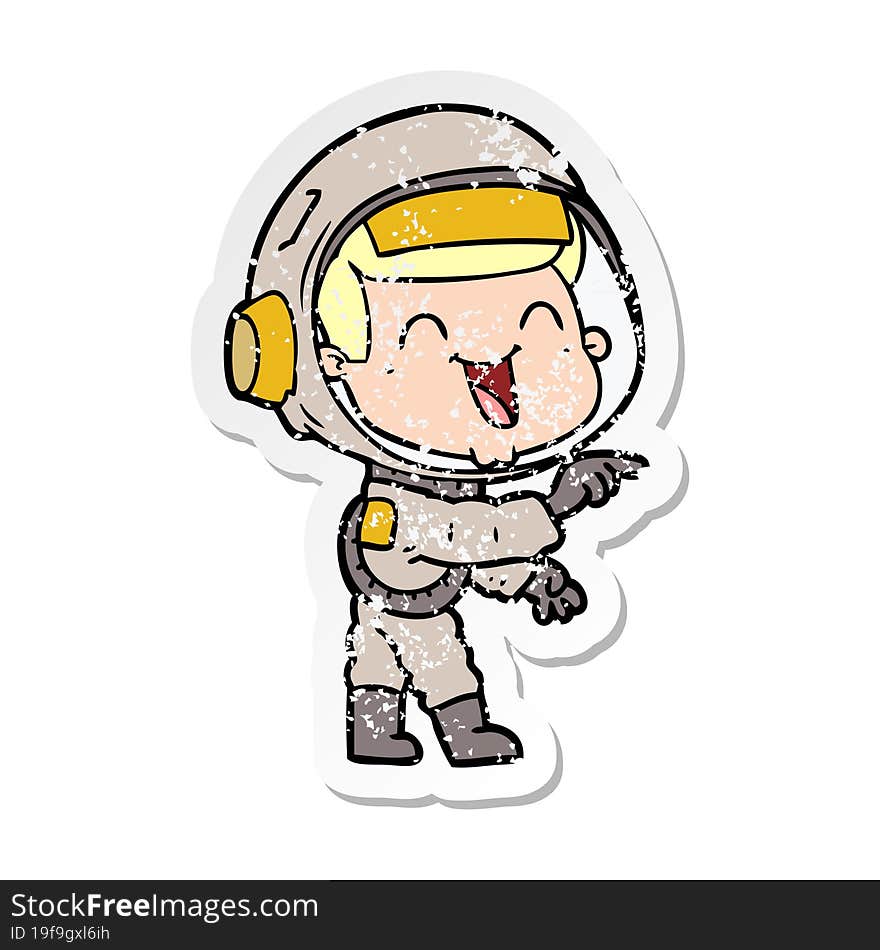 distressed sticker of a happy cartoon astronaut