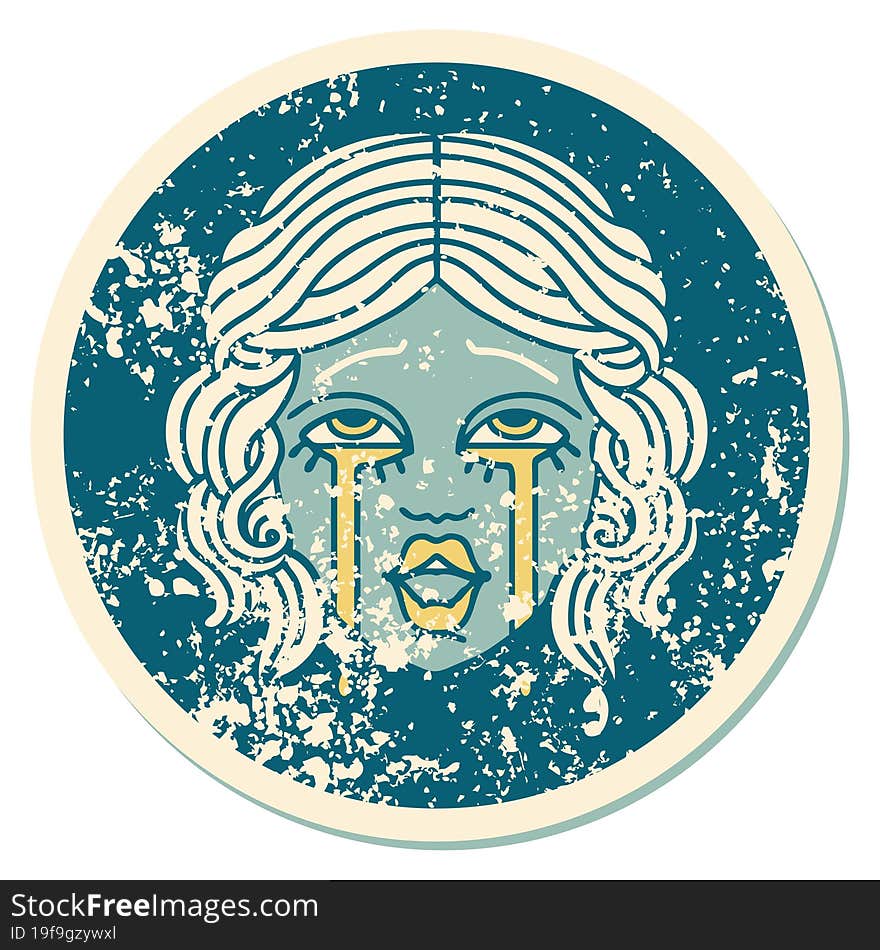 distressed sticker tattoo style icon of a very happy crying female face