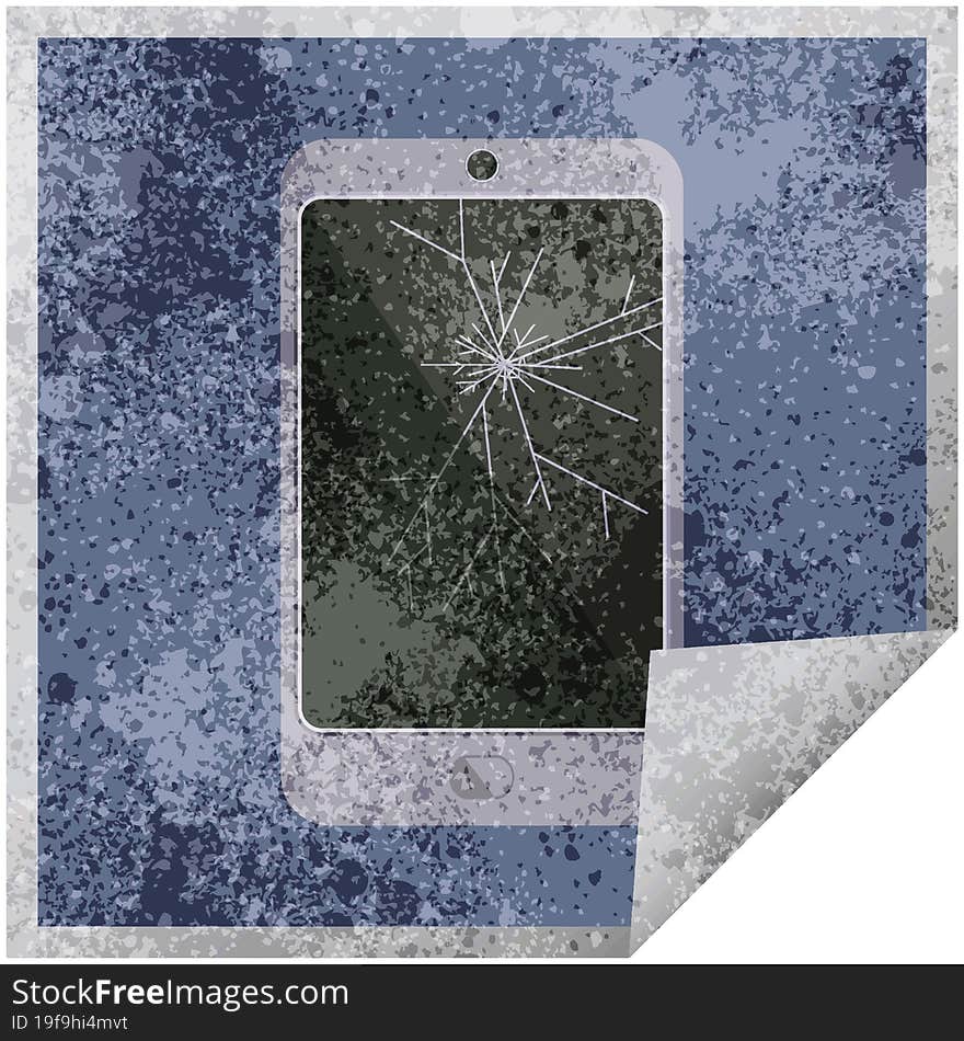 cracked screen cell phone graphic vector illustration square sticker. cracked screen cell phone graphic vector illustration square sticker