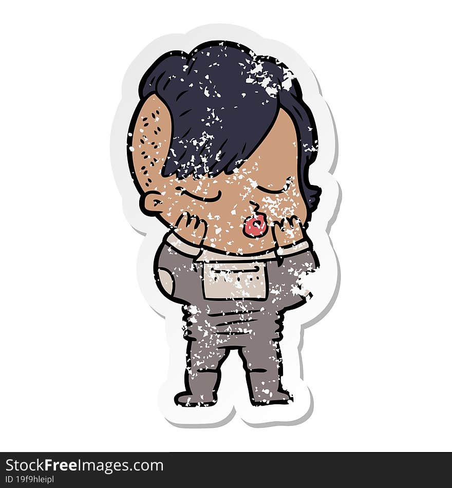 distressed sticker of a cartoon pretty hipster girl