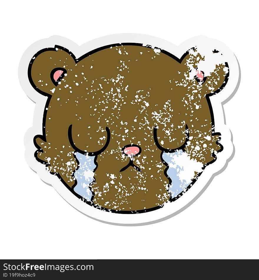 distressed sticker of a cute cartoon teddy bear face crying