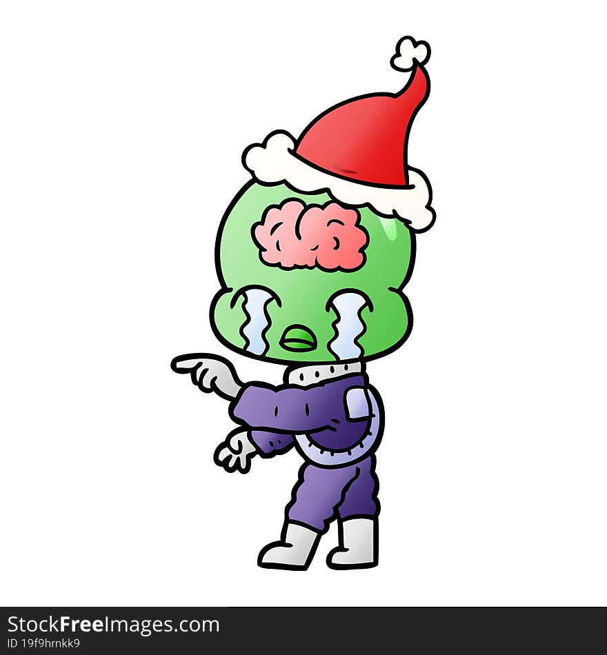 hand drawn gradient cartoon of a big brain alien crying and pointing wearing santa hat