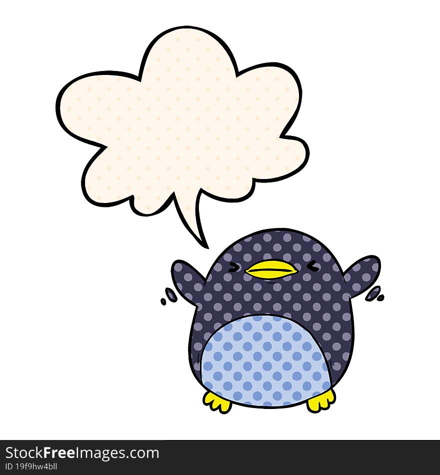 cute cartoon penguin flapping wings and speech bubble in comic book style