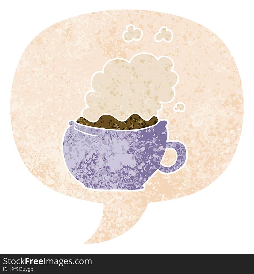 cartoon hot cup of coffee and speech bubble in retro textured style